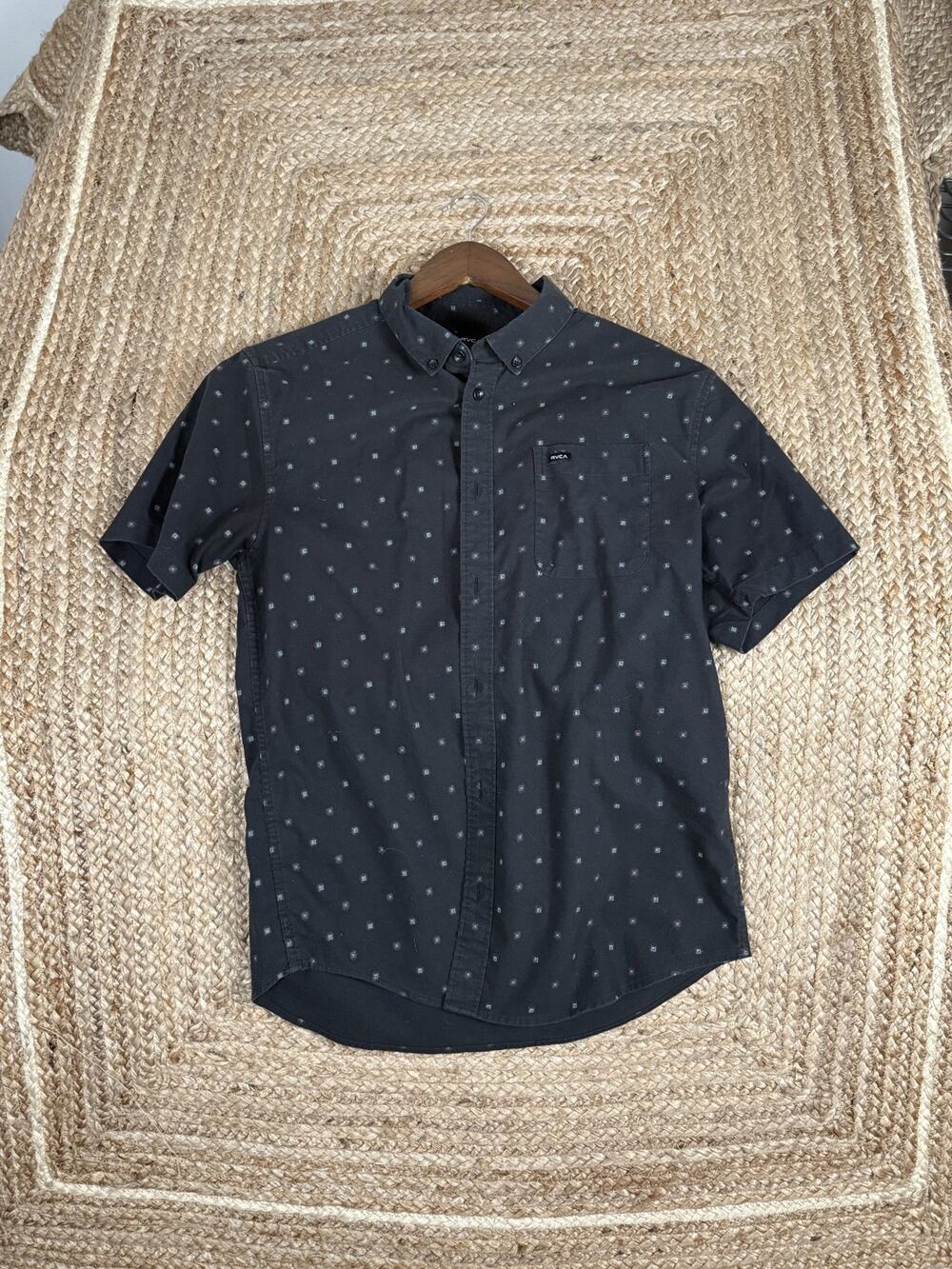 RVCA Mens Short Sleeve Button Down Slim Fit Shirt Medium Black Cotton